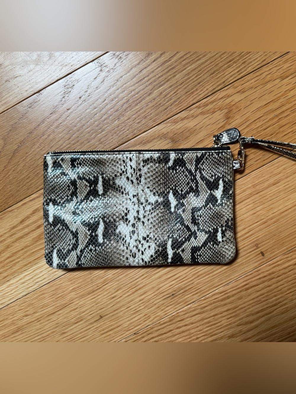 Vegan Snakeskin Print Zip Wristlet Wallet Taupe Brown Ivory